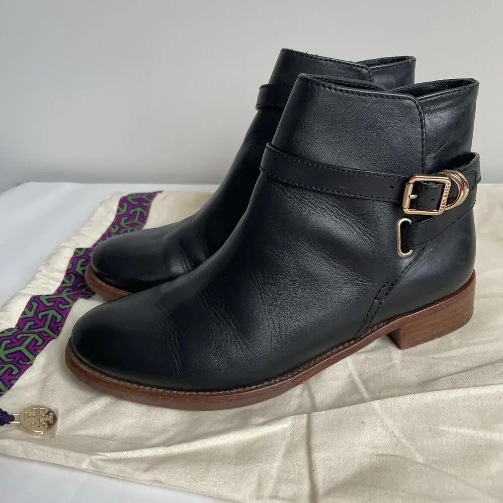 Tory Burch Black‎ Leather Harness Buckle Ankle Boots Size 8M Comfy Booties 5214